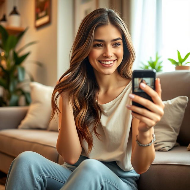 A young woman sitting in a cozy, well-decorated living room, holding a smartphone in her hands as she records a video