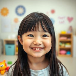 A medium-height girl with big cheeks and smiling lips, showcasing a joyful expression