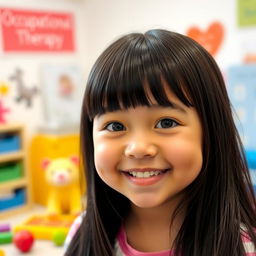 A medium-height girl with big cheeks and smiling lips, showcasing a joyful expression