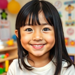 A medium-height girl with big cheeks and smiling lips, showcasing a joyful expression