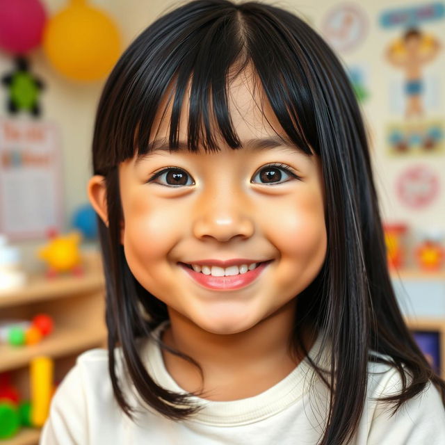 A medium-height girl with big cheeks and smiling lips, showcasing a joyful expression