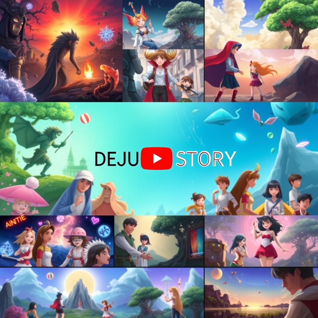 A vibrant and engaging YouTube channel banner for 'DEJUN STORY', featuring a collage of diverse AI-generated illustrated scenes representing various genres such as fantasy, science fiction, adventure, and romance