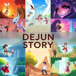 A vibrant and engaging YouTube channel banner for 'DEJUN STORY', featuring a collage of diverse AI-generated illustrated scenes representing various genres such as fantasy, science fiction, adventure, and romance