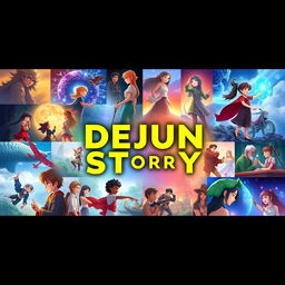 A vibrant and engaging YouTube channel banner for 'DEJUN STORY', featuring a collage of diverse AI-generated illustrated scenes representing various genres such as fantasy, science fiction, adventure, and romance