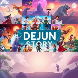 A vibrant and engaging YouTube channel banner for 'DEJUN STORY', featuring a collage of diverse AI-generated illustrated scenes representing various genres such as fantasy, science fiction, adventure, and romance