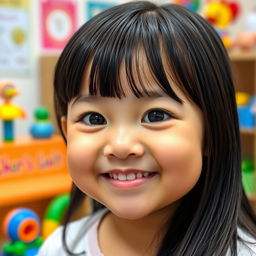 A medium-height girl with big cheeks and smiling lips, radiating joy and warmth