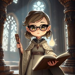 A dainty cleric character with dark spectacles, dressed in intricate robes adorned with mystical symbols and enchanting patterns