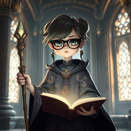 A dainty cleric character with dark spectacles, dressed in intricate robes adorned with mystical symbols and enchanting patterns