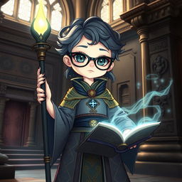 A dainty cleric character with dark spectacles, dressed in intricate robes adorned with mystical symbols and enchanting patterns