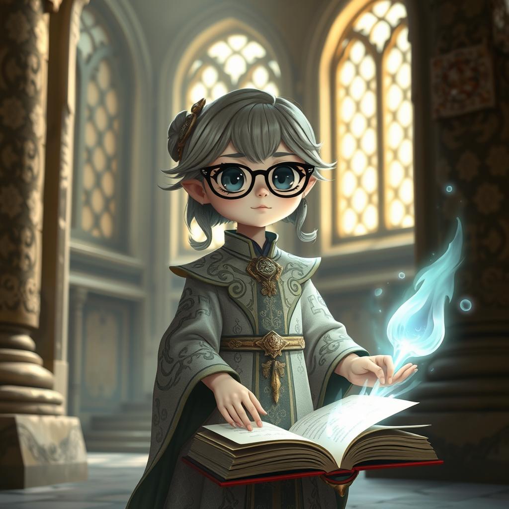 A dainty cleric character with dark spectacles, dressed in intricate robes adorned with mystical symbols and enchanting patterns