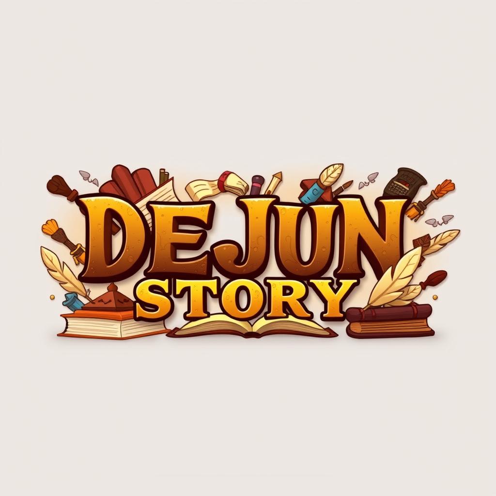 A striking YouTube channel banner for 'DEJUN STORY', featuring a captivating design that represents a storytelling theme