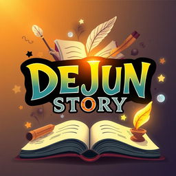 A striking YouTube channel banner for 'DEJUN STORY', featuring a captivating design that represents a storytelling theme