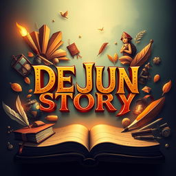 A striking YouTube channel banner for 'DEJUN STORY', featuring a captivating design that represents a storytelling theme