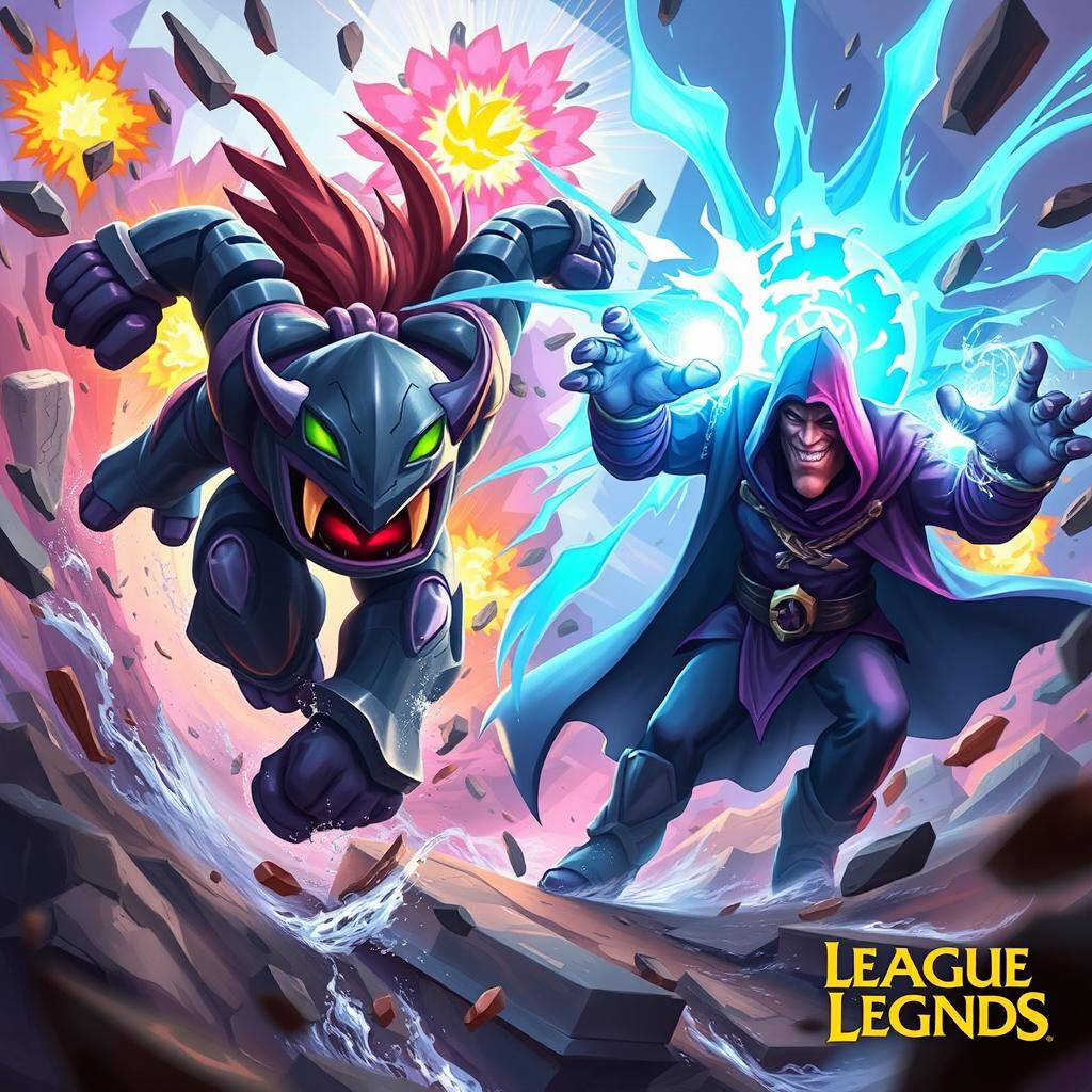 In a dynamic and action-packed scene, depict a vibrant battle between two iconic League of Legends champions: Malphite as a speedy, rock-solid force zooming through a chaotic environment, and Veigar as a cunning, darkly cloaked figure casting powerful spells