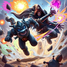 In a dynamic and action-packed scene, depict a vibrant battle between two iconic League of Legends champions: Malphite as a speedy, rock-solid force zooming through a chaotic environment, and Veigar as a cunning, darkly cloaked figure casting powerful spells
