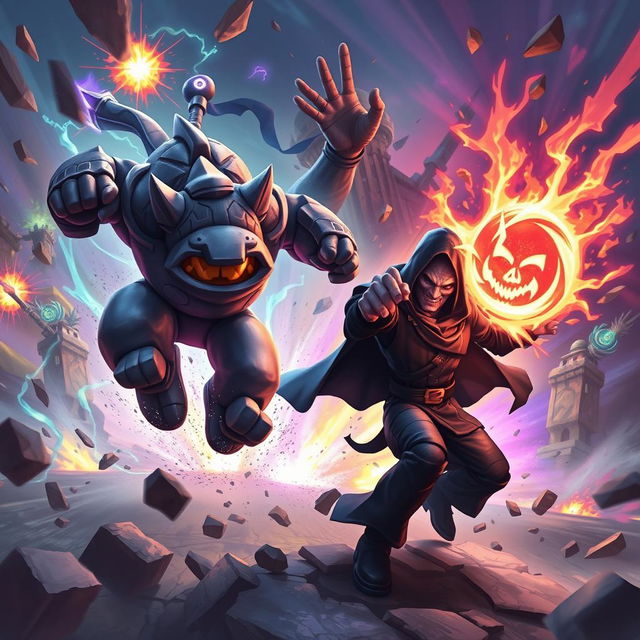 In a dynamic and action-packed scene, depict a vibrant battle between two iconic League of Legends champions: Malphite as a speedy, rock-solid force zooming through a chaotic environment, and Veigar as a cunning, darkly cloaked figure casting powerful spells