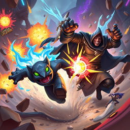 In a dynamic and action-packed scene, depict a vibrant battle between two iconic League of Legends champions: Malphite as a speedy, rock-solid force zooming through a chaotic environment, and Veigar as a cunning, darkly cloaked figure casting powerful spells