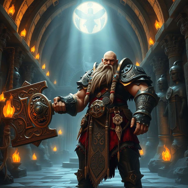 A Dwarven cleric in a majestic underground temple, wielding a intricately carved battle hammer