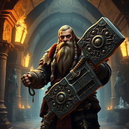 A Dwarven cleric in a majestic underground temple, wielding a intricately carved battle hammer