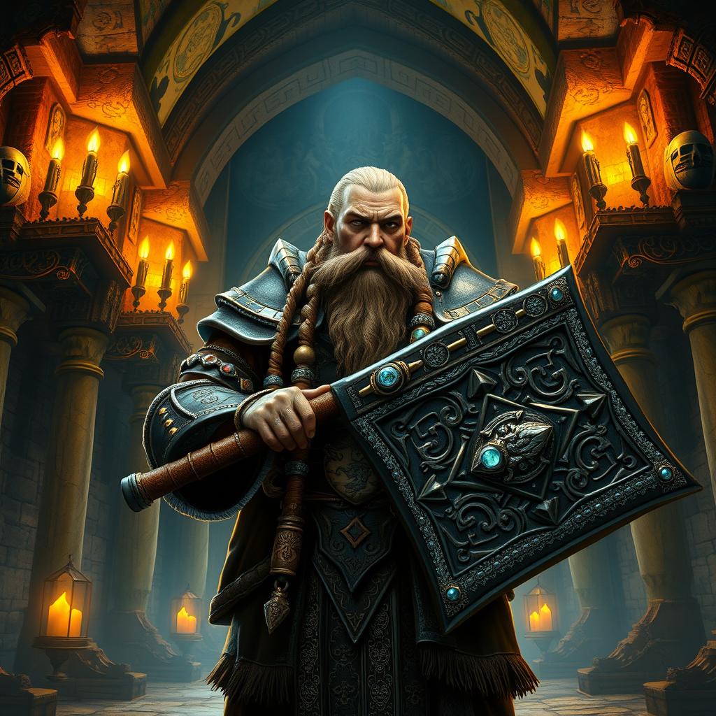 A Dwarven cleric in a majestic underground temple, wielding a intricately carved battle hammer