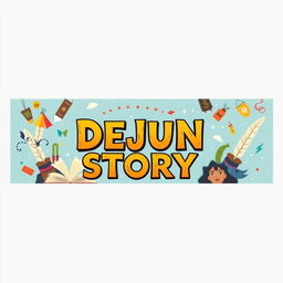 A horizontal YouTube channel banner for 'DEJUN STORY', featuring a visually captivating design that illustrates the theme of storytelling