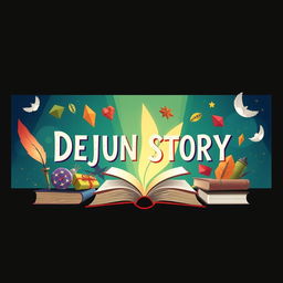 A horizontal YouTube channel banner for 'DEJUN STORY', featuring a visually captivating design that illustrates the theme of storytelling
