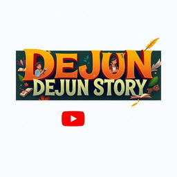 A horizontal YouTube channel banner for 'DEJUN STORY', featuring a visually captivating design that illustrates the theme of storytelling