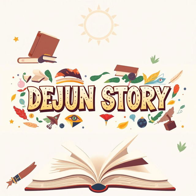 A horizontal YouTube channel banner for 'DEJUN STORY', featuring a visually captivating design that illustrates the theme of storytelling