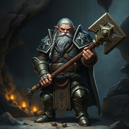 A fierce duergar cleric standing confidently in battle armor, gripping a massive, intricately designed battle hammer