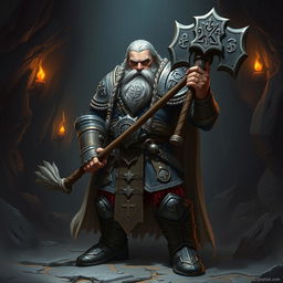A fierce duergar cleric standing confidently in battle armor, gripping a massive, intricately designed battle hammer