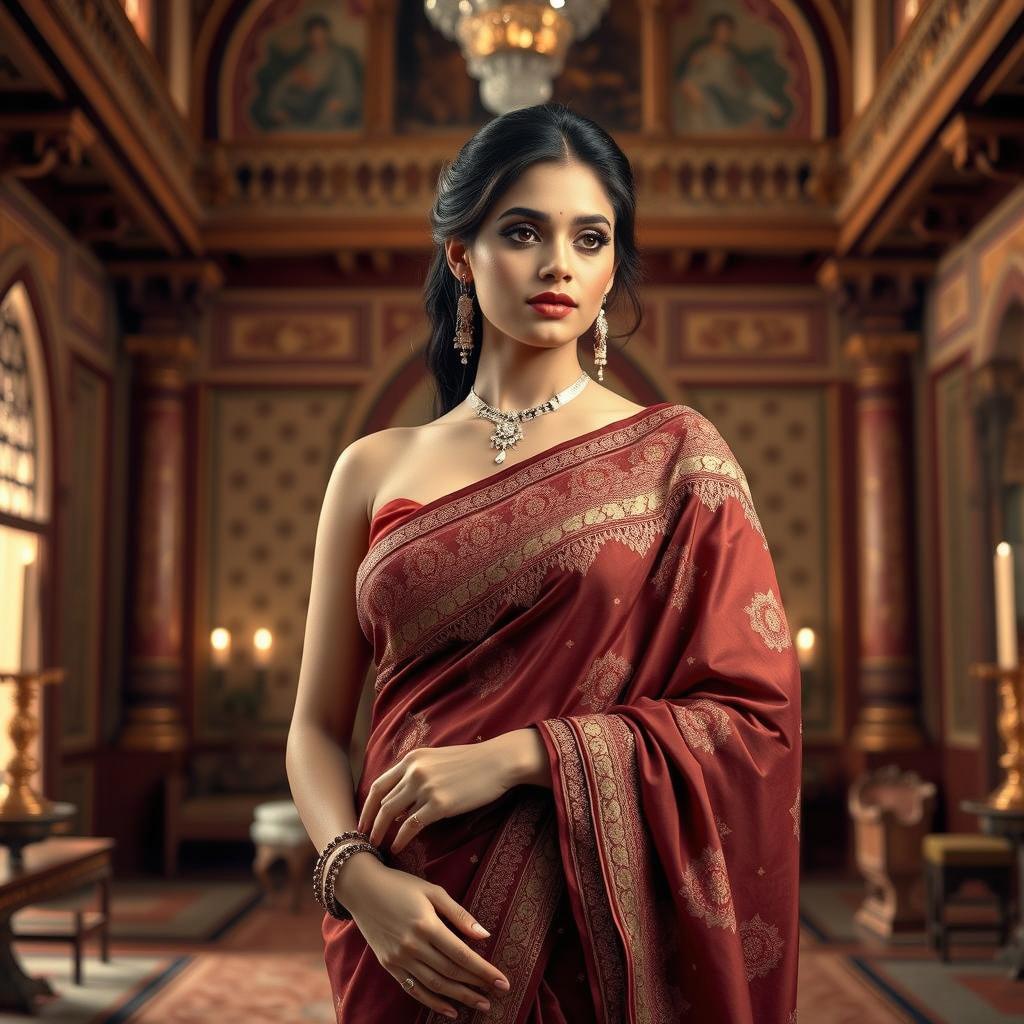 A graceful woman wearing a traditional red saree, intricately designed with golden patterns, stands poised in an opulent, vintage palace setting