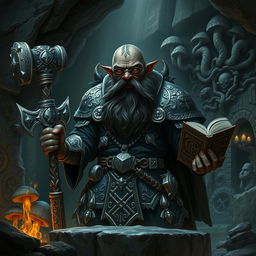 A Duergar cleric, a dark-skinned dwarf with an intricate beard, is depicted in a shadowy underground lair