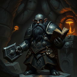 A Duergar cleric, a dark-skinned dwarf with an intricate beard, is depicted in a shadowy underground lair