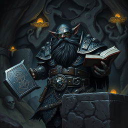 A Duergar cleric, a dark-skinned dwarf with an intricate beard, is depicted in a shadowy underground lair