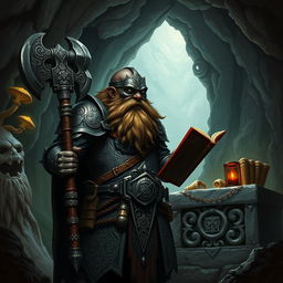 A Duergar cleric, a dark-skinned dwarf with an intricate beard, is depicted in a shadowy underground lair