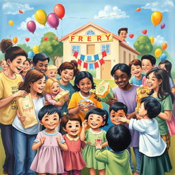A vibrant and heartwarming painting depicting a charity event focused on helping the underprivileged and needy children