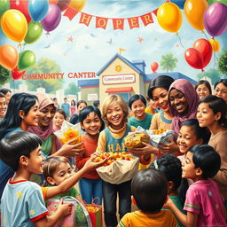 A vibrant and heartwarming painting depicting a charity event focused on helping the underprivileged and needy children
