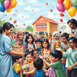 A vibrant and heartwarming painting depicting a charity event focused on helping the underprivileged and needy children
