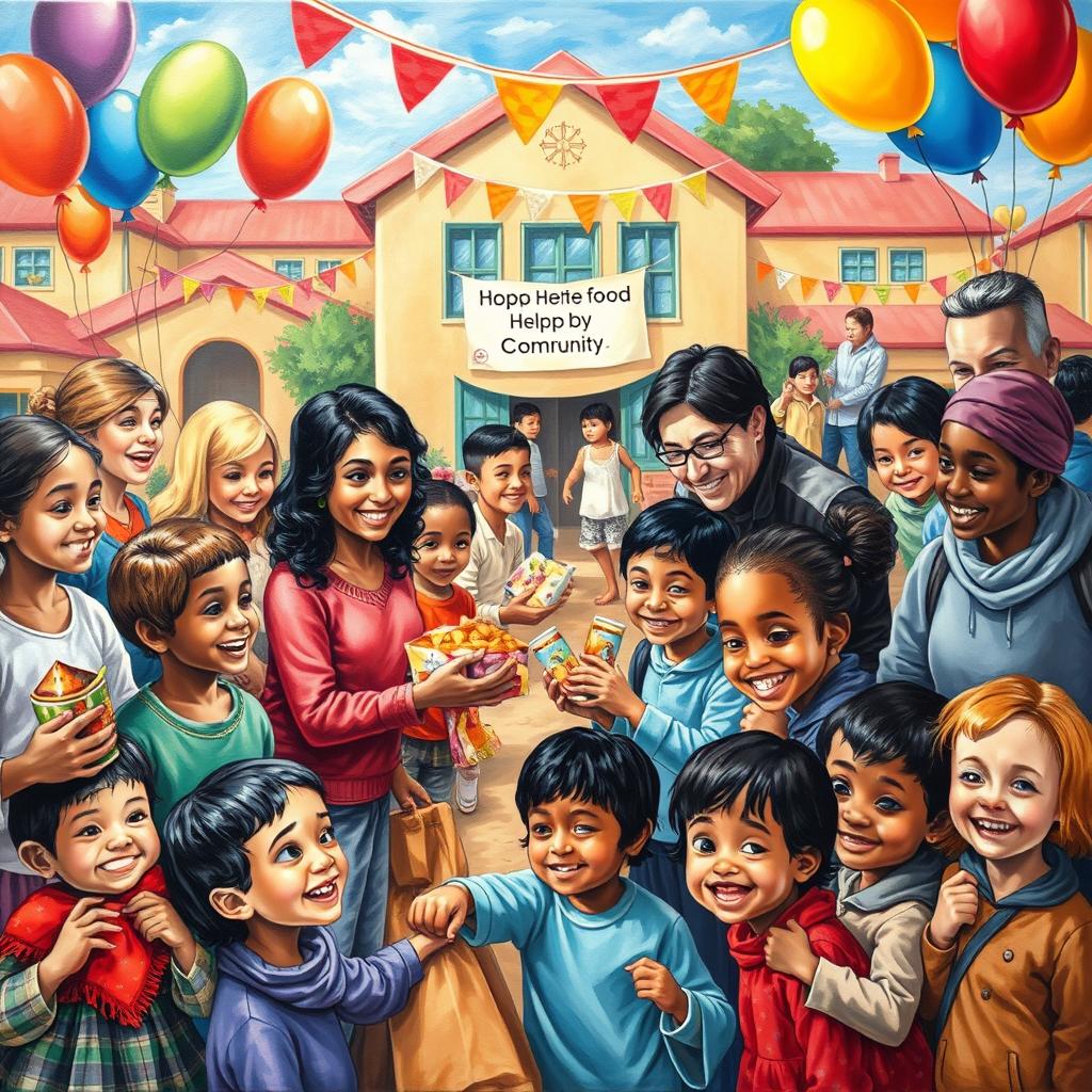 A vibrant and heartwarming painting depicting a charity event focused on helping the underprivileged and needy children