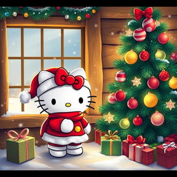 A festive Hello Kitty Christmas scene, featuring Hello Kitty dressed as Santa with her iconic red bow, standing next to a beautifully decorated Christmas tree adorned with colorful ornaments and twinkling lights