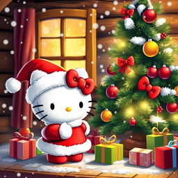 A festive Hello Kitty Christmas scene, featuring Hello Kitty dressed as Santa with her iconic red bow, standing next to a beautifully decorated Christmas tree adorned with colorful ornaments and twinkling lights