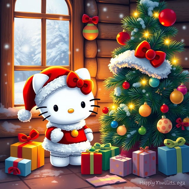 A festive Hello Kitty Christmas scene, featuring Hello Kitty dressed as Santa with her iconic red bow, standing next to a beautifully decorated Christmas tree adorned with colorful ornaments and twinkling lights