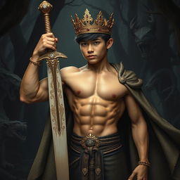 A muscular teenage bodybuilder boy with a well-defined six-pack, wearing a glittering golden crown adorned with diamonds and rubies