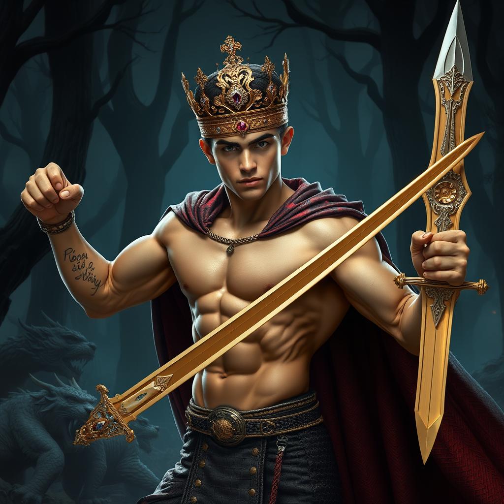 A muscular teenage bodybuilder boy with a well-defined six-pack, wearing a glittering golden crown adorned with diamonds and rubies