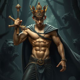 A muscular teenage bodybuilder boy with a well-defined six-pack, wearing a glittering golden crown adorned with diamonds and rubies