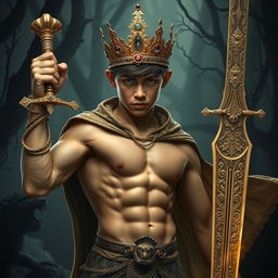 A muscular teenage bodybuilder boy with a well-defined six-pack, wearing a glittering golden crown adorned with diamonds and rubies