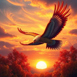 A majestic Simorgh bird, detailed and vibrant, soaring gracefully towards the setting sun during an autumn sunset