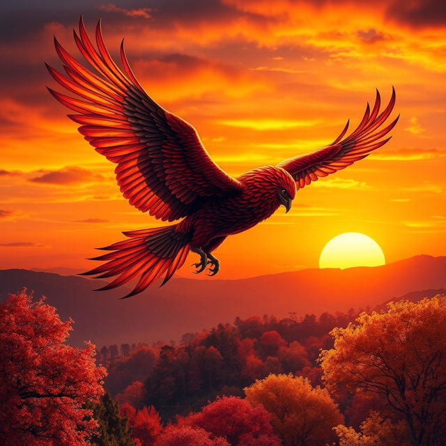 A majestic Simorgh bird, detailed and vibrant, soaring gracefully towards the setting sun during an autumn sunset