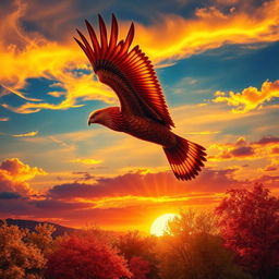 A majestic Simorgh bird, detailed and vibrant, soaring gracefully towards the setting sun during an autumn sunset