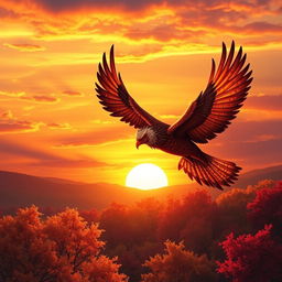 A majestic Simorgh bird, detailed and vibrant, soaring gracefully towards the setting sun during an autumn sunset
